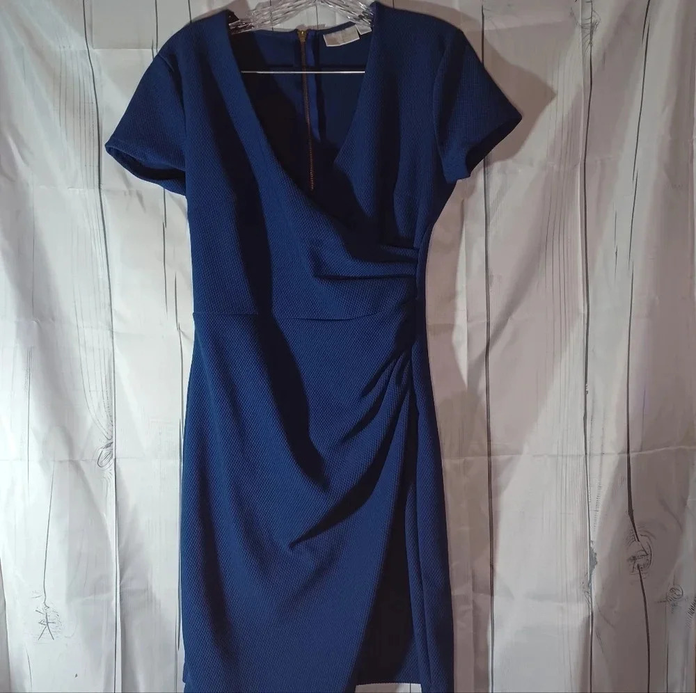 Bisou Bisou v-neck faux wrap asymmetrical business casual modest blue dress